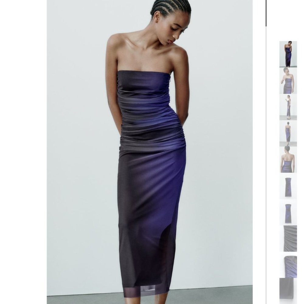 Zara Purple Midi Dress with Elegant Ruched Design